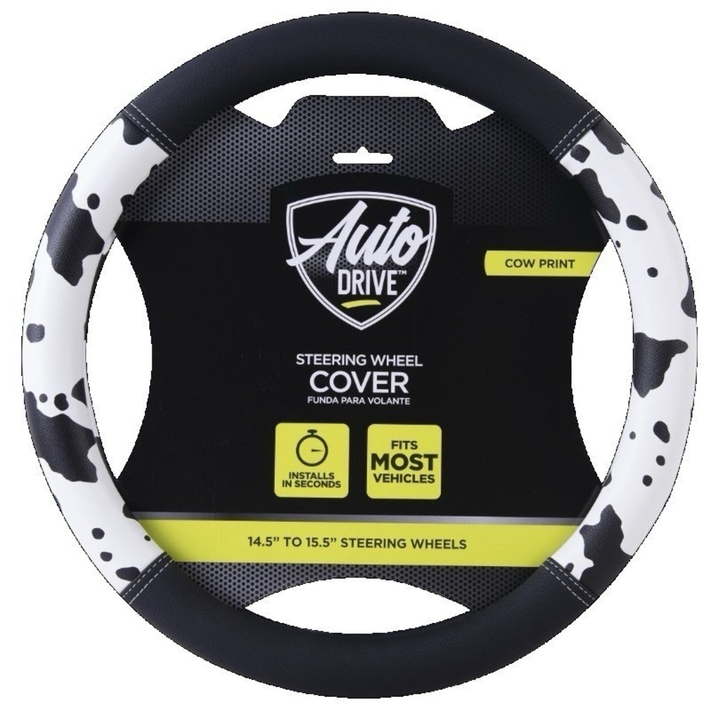 Auto Drive Black White Cow Print Faux Leather Steering‎ Wheel Cover,  SUVs